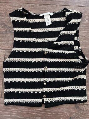 H&M Black White Boho Textured Gold Button Vest Top Size XS